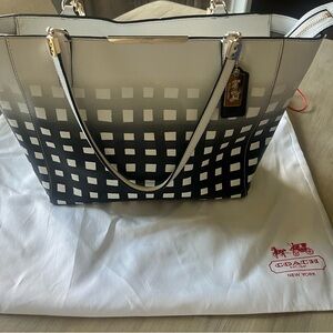 Coach Black and White Ombre Checked Tote with Gold Accents